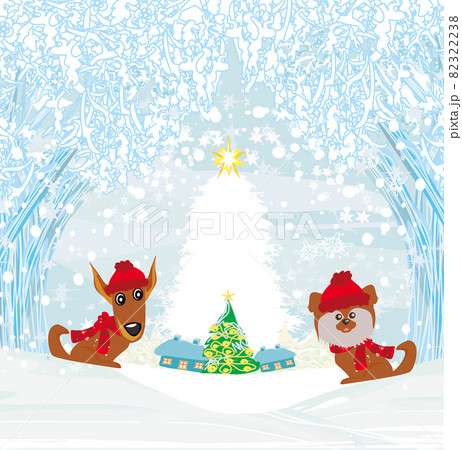Christmas And New Year Design Card With cute dogs on a winter walk Christmas And New Year Design Card With cute dogs on a winter walk 82322238