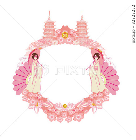 beautiful Geisha with an umbrella - decorative floral frame 82322252
