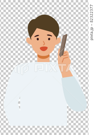 Illustration of the upper body of a man in plain clothes Talking on a smartphone Illustration of the upper body of a man in plain clothes Talking on a smartphone 82322377