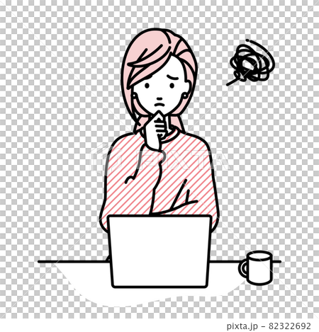 Remote work woman sitting at a desk and having trouble opening her PC Remote work woman sitting at a desk and having trouble opening her PC 82322692