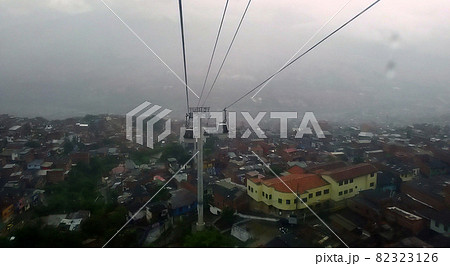 Medellin shanty town and cablecar transport system, Colombia 82323126