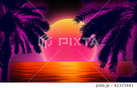 3d Sunset On The Beach Retro Palms Vector Sci のイラスト素材