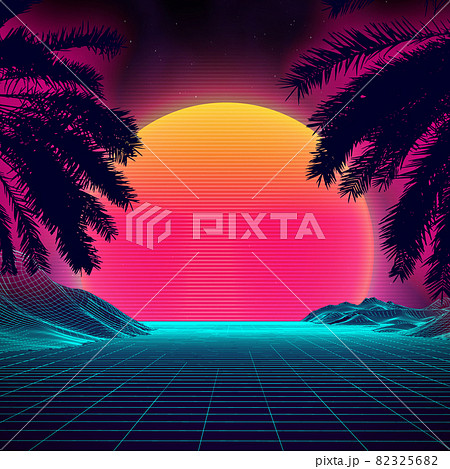 3d sunset on the beach. Retro palms vector sci fi background. Digital landscape cyber surface. 80s party background. 82325682