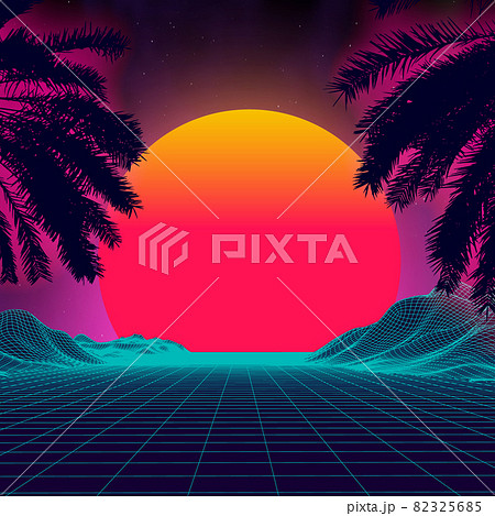 3d sunset on the beach. Retro palms vector sci fi background. Digital landscape cyber surface. 80s party background. 82325685