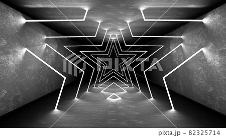Night club interior lights 3d render for laser show. Glowing lines. Abstract fluorescent background. Neon room corridor background. Light abstract futuristic design. Modern geometric glow interior 82325714