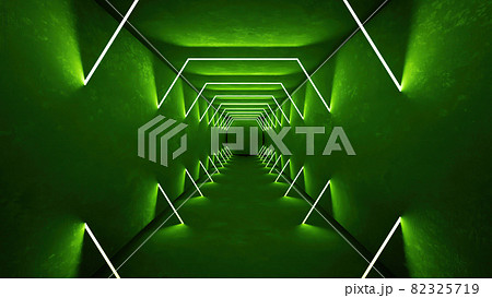 Night club interior green lights 3d render for laser show. Glowing green lines. Abstract fluorescent green background. Green neon room corridor background. Light abstract futuristic design. Modern 82325719