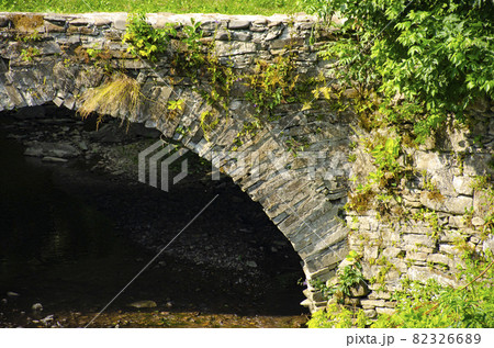 Part of Aqueduct made of stone overgrown with greenery, through a mountain stream in the Carpathian mountains in Ukraine. Symbol of longevity. 82326689