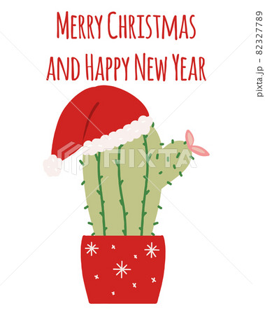 Hand-drawn cactus in New Year's hat. New Year's cactus in pot. Lettering. Suitable for postcards, posters and prints. Hand-drawn cactus in New Year's hat. New Year's cactus in pot. Lettering. Suitable for postcards, posters and prints. 82327789