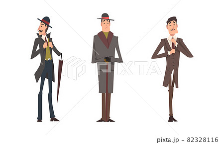 Victorian Tall Man Gentleman in Elegant Suit with Respectful Manner Standing Vector Set 82328116