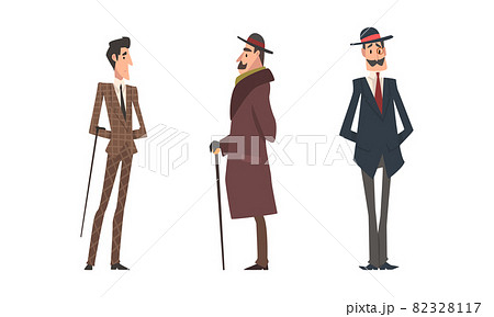 Victorian Gentleman in Elegant Suit with Respectful Manner Standing Vector Set 82328117