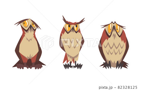 Feathered Owl with Big Yellow Eyes and Sharp Talon in Sitting Pose Vector Set 82328125