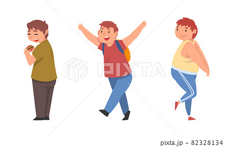 Cheerful Boy with Overweight and Body Fat Eating Hamburger and Walking with Backpack Vector Set Cheerful Boy with Overweight and Body Fat Eating Hamburger and Walking with Backpack Vector Set 82328134