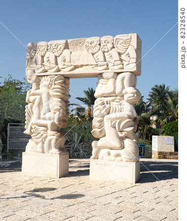 18.09.2021 Tel-Aviv Jaffo Israel: The Gate of Faith A large statue in park Abrasha, made of Galilee stone,  sculpted by the sculptor Daniel Kafri 82328540
