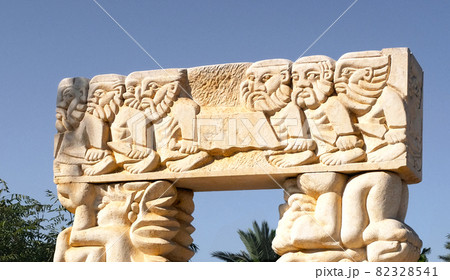 18.09.2021 Tel-Aviv Jaffo Israel: The Gate of Faith A large statue in park Abrasha, made of Galilee stone,  sculpted by the sculptor Daniel Kafri 82328541