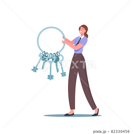 Tiny Female Character in Uniform Carry Huge Bunch of Keys. Airport Lost and Found Service Support Passengers Tiny Female Character in Uniform Carry Huge Bunch of Keys. Airport Lost and Found Service Support Passengers 82330456
