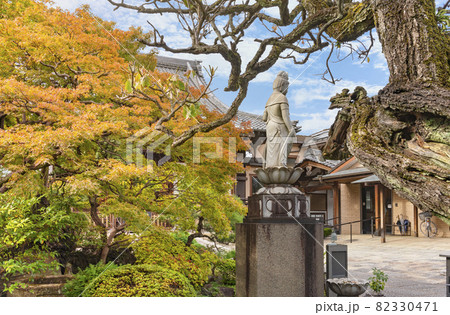 [東京・堀切] 多聞寺の紅葉の前に立つ弘法大師に捧げられた平和観音像。 82330471