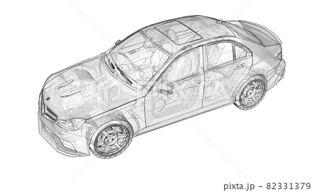 Transparent super fast sports car delineated lines on a white background. Body shape sedan. Tuning is a version of an ordinary family car. 3d rendering. 82331379