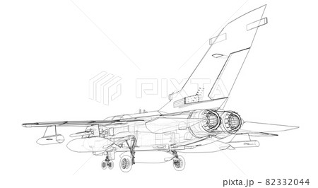 Military jet fighter silhouettes. Image of aircraft in contour drawing lines. The internal structure of the aircraft. 3d rendering 82332044