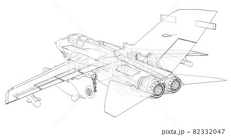 Military jet fighter silhouettes. Image of aircraft in contour drawing lines. The internal structure of the aircraft. 3d rendering 82332047