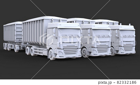 Large white trucks with separate trailers, for transportation of agricultural and building bulk materials and products. 3d rendering. 82332186