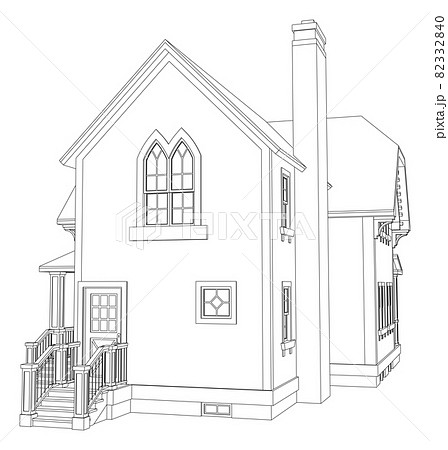 Old house in Victorian style. Illustration on white background. Black and white illustration in contour lines. Species from different sides. 82332840