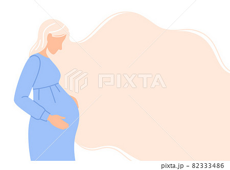 Pregnancy background. Flat beautiful Caucasian pregnant woman in blue dress expecting a baby birth. Young happy expectant girl holding tummy. Cute mother banner. Cartoon parenthood illustration 82333486