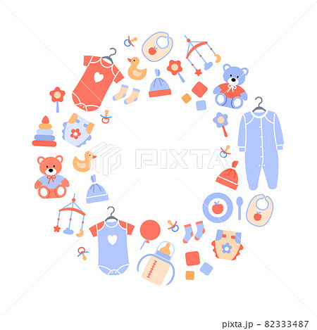 Baby background with flat circle frame, blank space for text. Newborn accessories isolated on white. Pastel decoration for baby shower invitation card, baby store shop. Minimal illustration. Baby background with flat circle frame, blank space for text. Newborn accessories isolated on white. Pastel decoration for baby shower invitation card, baby store shop. Minimal illustration. 82333487