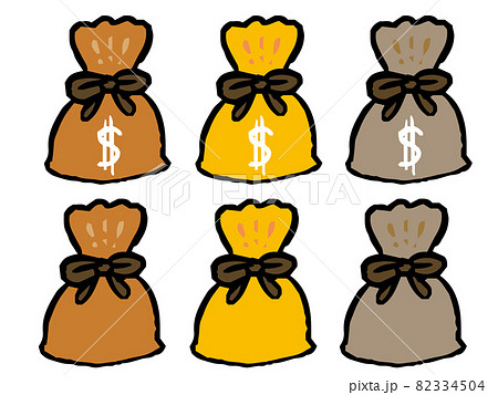 いろいろな色やマークの巾着のイラスト  お金の入った巾着 いろいろな色やマークの巾着のイラスト  お金の入った巾着 82334504