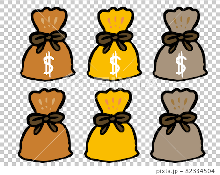 いろいろな色やマークの巾着のイラスト  お金の入った巾着 いろいろな色やマークの巾着のイラスト  お金の入った巾着 82334504