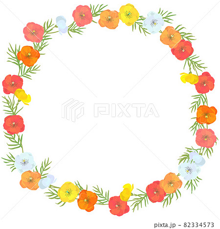 カラフルで華やかなポピーの花冠 円形フレーム のイラスト素材