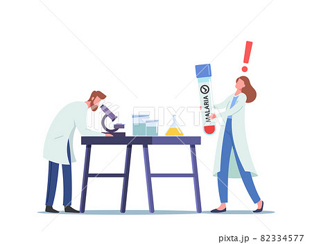 Scientists Scientific Research in Science Laboratory with Blood Infected with Malaria, Man Look in Microscope 82334577
