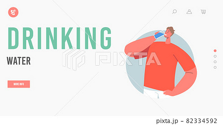 Happy Man Drinking Water Landing Page Template. Male Character with Glass, Hydration, Treatment and Filtration System Happy Man Drinking Water Landing Page Template. Male Character with Glass, Hydration, Treatment and Filtration System 82334592