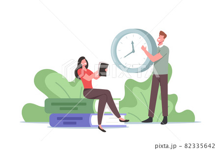 Tiny Woman with Personal Diary in Hand Sit at Huge Books Pile, Man Holding Clock, People Planning, Fill To Do List Tiny Woman with Personal Diary in Hand Sit at Huge Books Pile, Man Holding Clock, People Planning, Fill To Do List 82335642