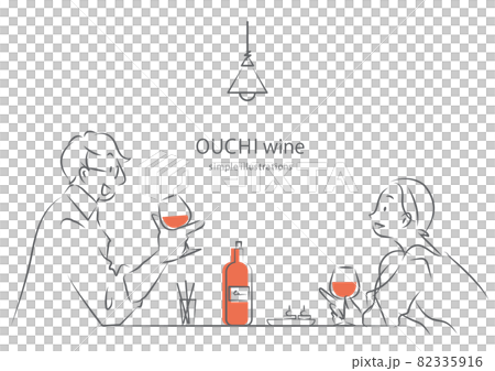 おうち時間 ステイホーム 自宅でワインを楽しむカップル シンプルでお洒落な線画イラスト おうち時間 ステイホーム 自宅でワインを楽しむカップル シンプルでお洒落な線画イラスト 82335916