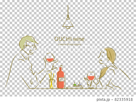 おうち時間　ステイホーム　自宅でワインを楽しむカップル　シンプルでお洒落な線画イラスト 82335918