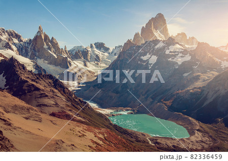 Fitz Roy and Cerro Torre mountains at sunrise time. Los Glaciares National park. Argentina. 82336459