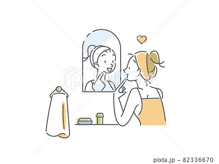 洗面台で鏡を見る若い女性 スキンケア シンプルでお洒落な線画イラストのイラスト素材