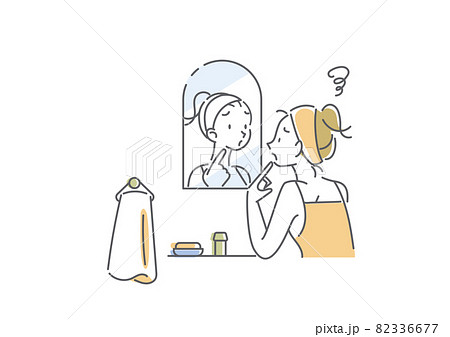 洗面台で鏡を見る若い女性 スキンケア シンプルでお洒落な線画イラストのイラスト素材