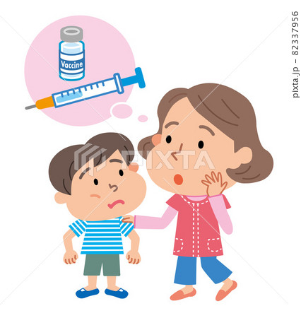 子供にワクチン注射を受けさせようか考えるお母さんのイラストのイラスト素材