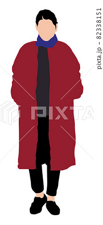 人物全身シルエットイラスト 冬の服装 ロングコートの立っている女性 正面 のイラスト素材