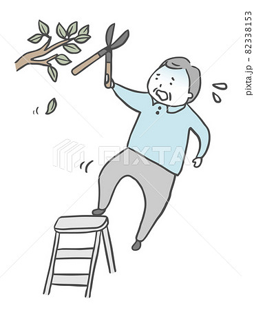 枝を切っている最中に脚立から転落する高齢男性のイラスト素材
