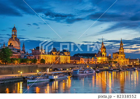 Dresden Germany, night city skyline at Elbe River and Augustus Bridge Dresden Germany, night city skyline at Elbe River and Augustus Bridge 82338552
