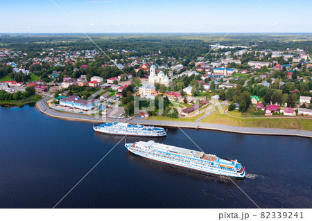 Aerial view of the city of Myshkin and Volga river. Russia Aerial view of the city of Myshkin and Volga river. Russia 82339241