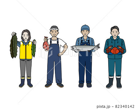 漁師　漁業　男女　水揚げ　魚　蟹　昆布　収穫　全身　イラスト素材 82340142
