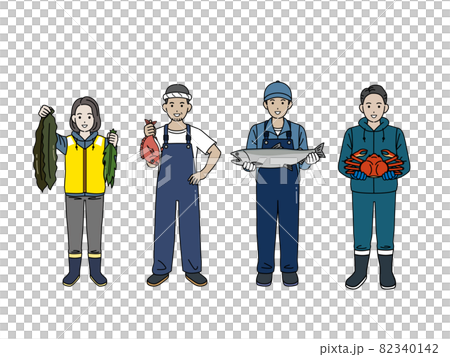漁師　漁業　男女　水揚げ　魚　蟹　昆布　収穫　全身　イラスト素材 82340142