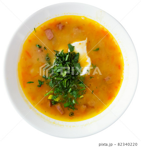 Plate of pea soup with smoked meats. Plate of pea soup with smoked meats. 82340220