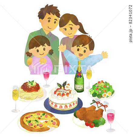 クリスマスパーティーをする家族のイラスト素材