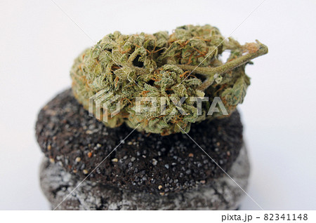 Marijuana blooms and sweets isolated on white background. Cannabis flowers and cookies close up. 82341148