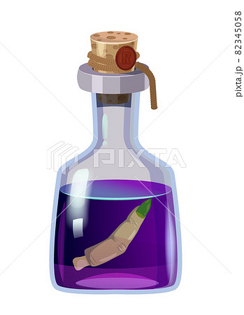Bottle magic potion with finger. Game icon asset, glass, liquid elixir, poisine, flask, Vector illustration cartoon for game, app UI 82345058