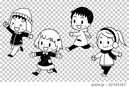 走る冬の子供たちのイラスト 白黒のイラスト素材